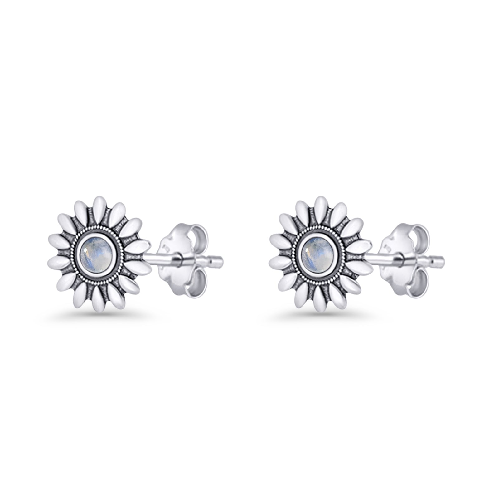 Sunflower Stud Earring 8.6mm Lab Created Opal Oxidized 925 Sterling Silver