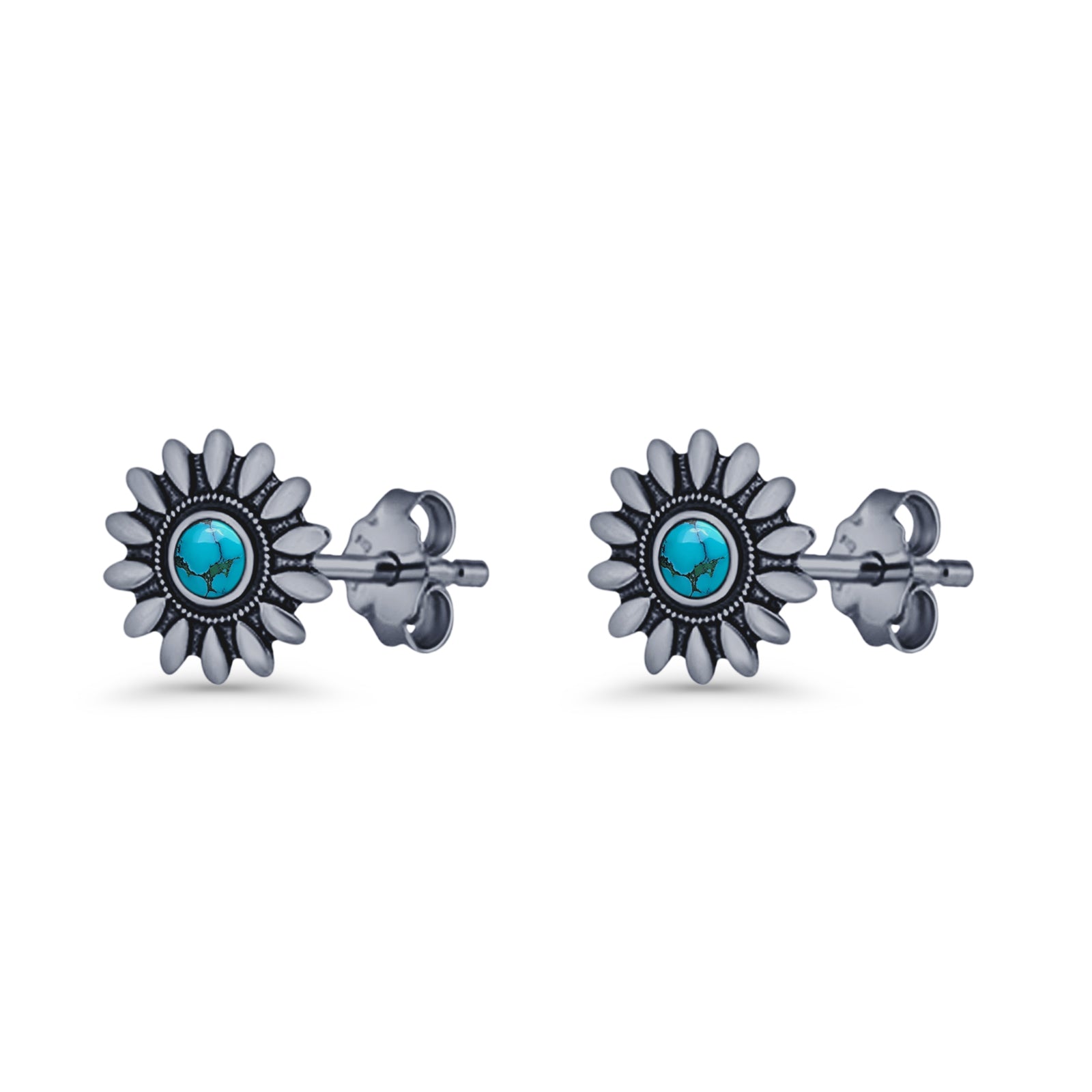 Sunflower Stud Earring 8.6mm Lab Created Opal Oxidized 925 Sterling Silver