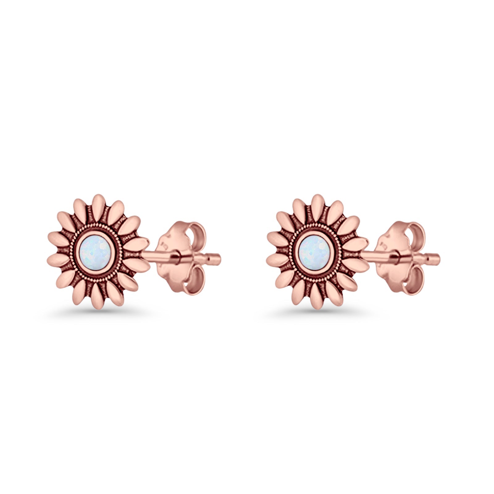 Sunflower Stud Earring 8.6mm Lab Created Opal Oxidized 925 Sterling Silver