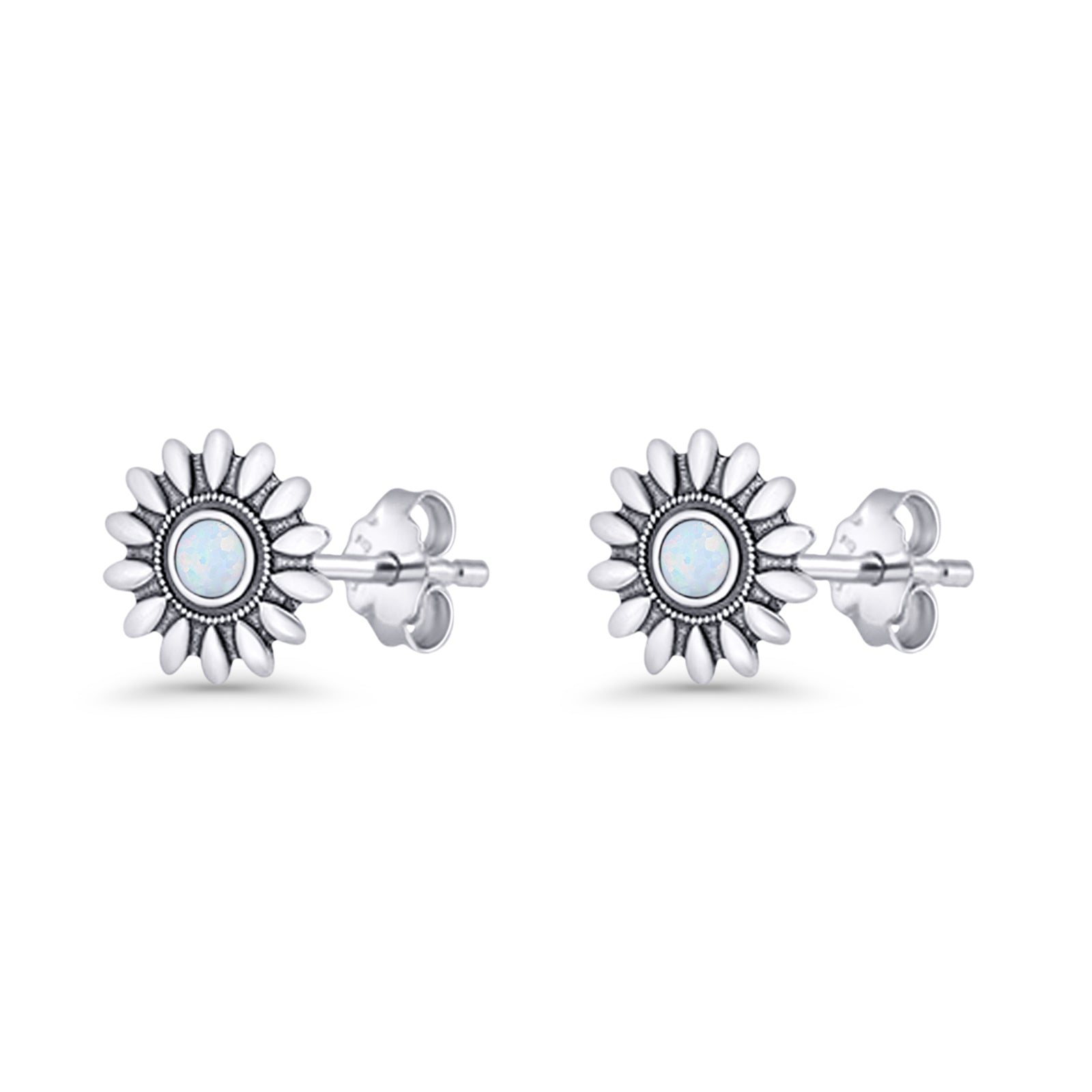 Sunflower Stud Earring 8.6mm Lab Created Opal Oxidized 925 Sterling Silver