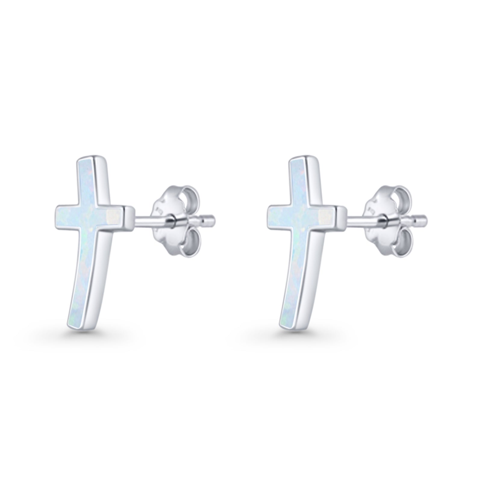 Cross Stud Earring Lab Created White Opal 925 Sterling Silver