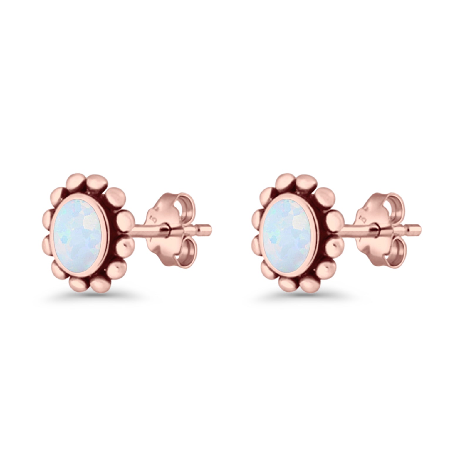 Oval Shaped Beaded Stud Earring 8mm Lab Created Opal 925 Sterling Silver