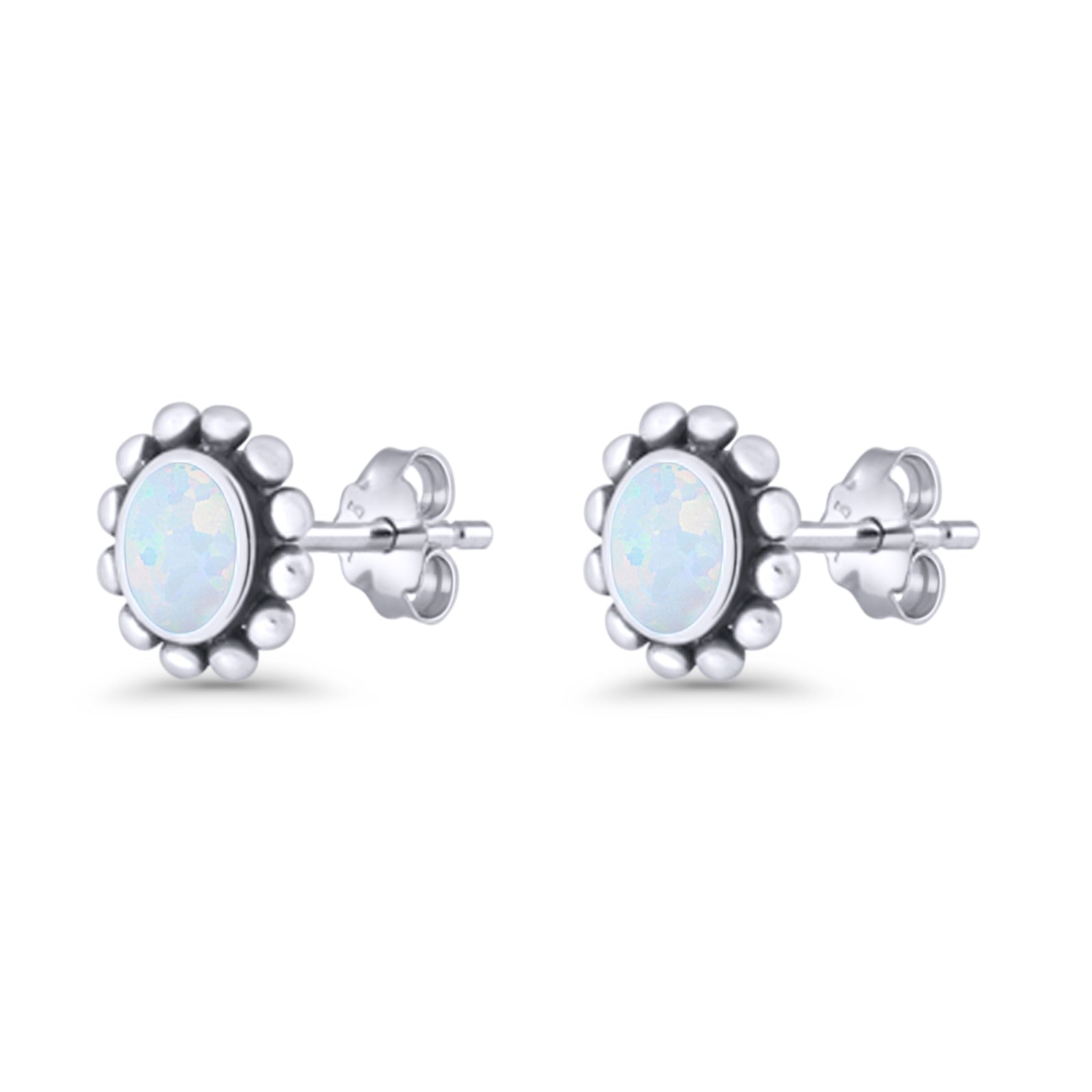 Oval Shaped Beaded Stud Earring 8mm Lab Created Opal 925 Sterling Silver
