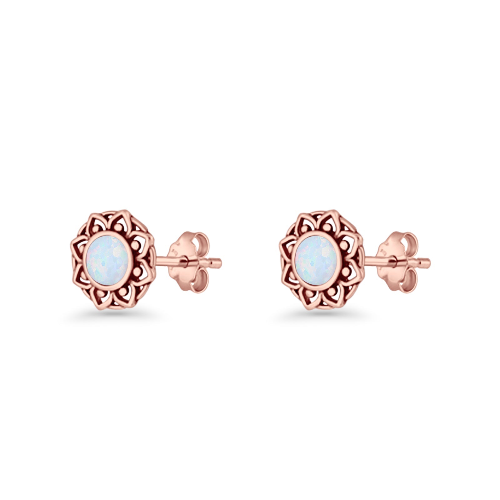 Sunflower Stud Earring 8.8mm Lab Created Opal Oxidized 925 Sterling Silver