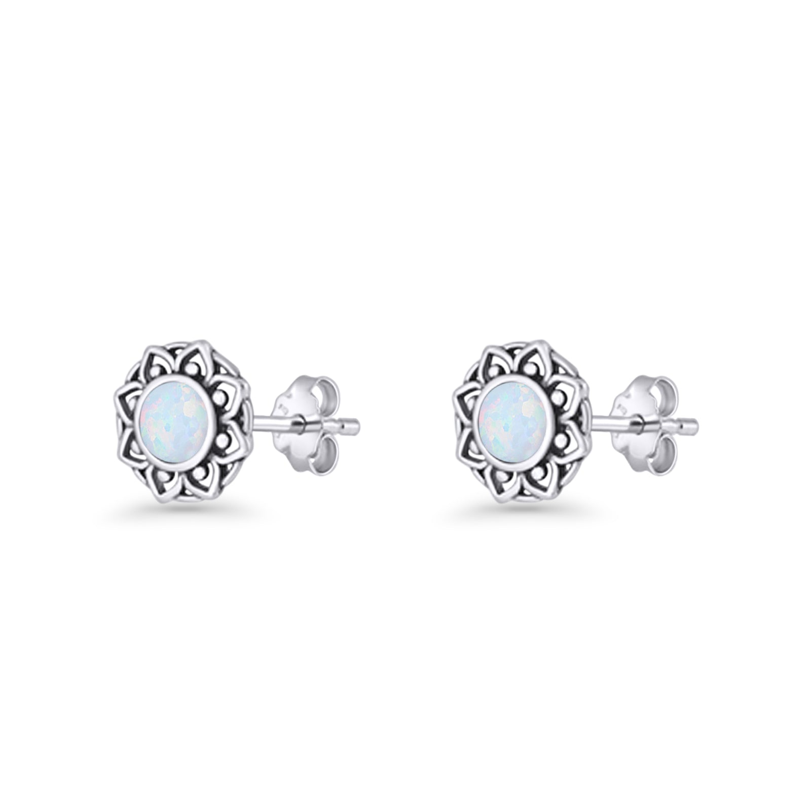 Sunflower Stud Earring 8.8mm Lab Created Opal Oxidized 925 Sterling Silver