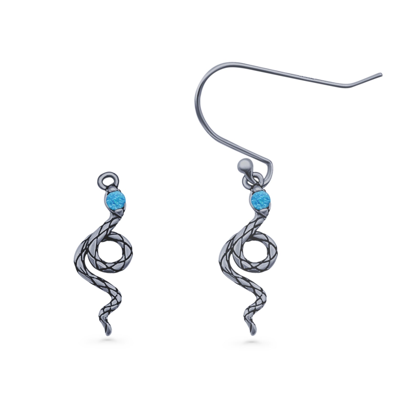 Round 16.1mm Lab Created Opal Oxidized Snake Fishhook Earring 925 Sterling Silver