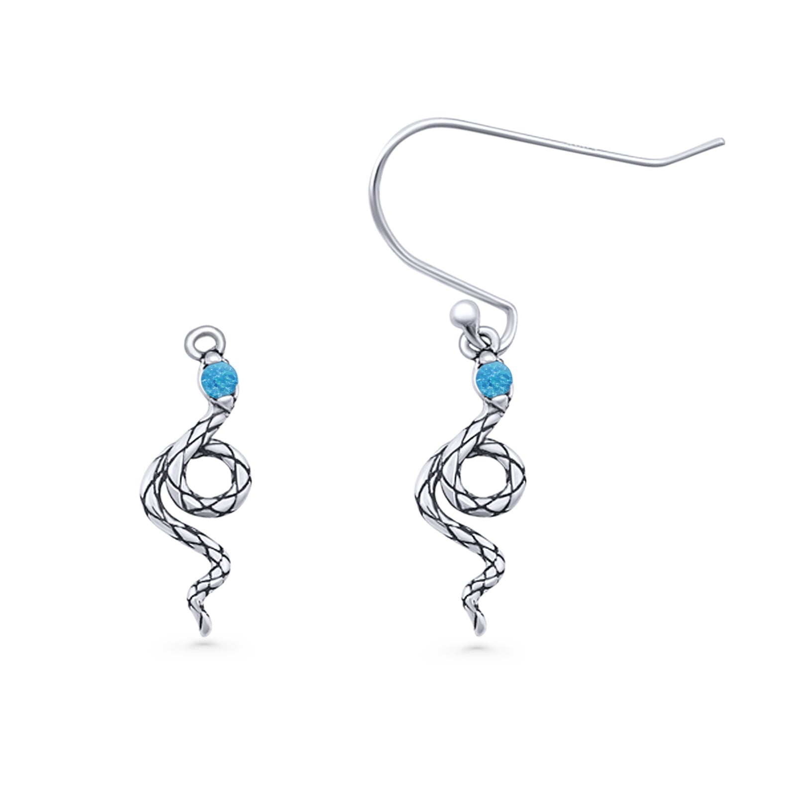 Round 16.1mm Lab Created Opal Oxidized Snake Fishhook Earring 925 Sterling Silver