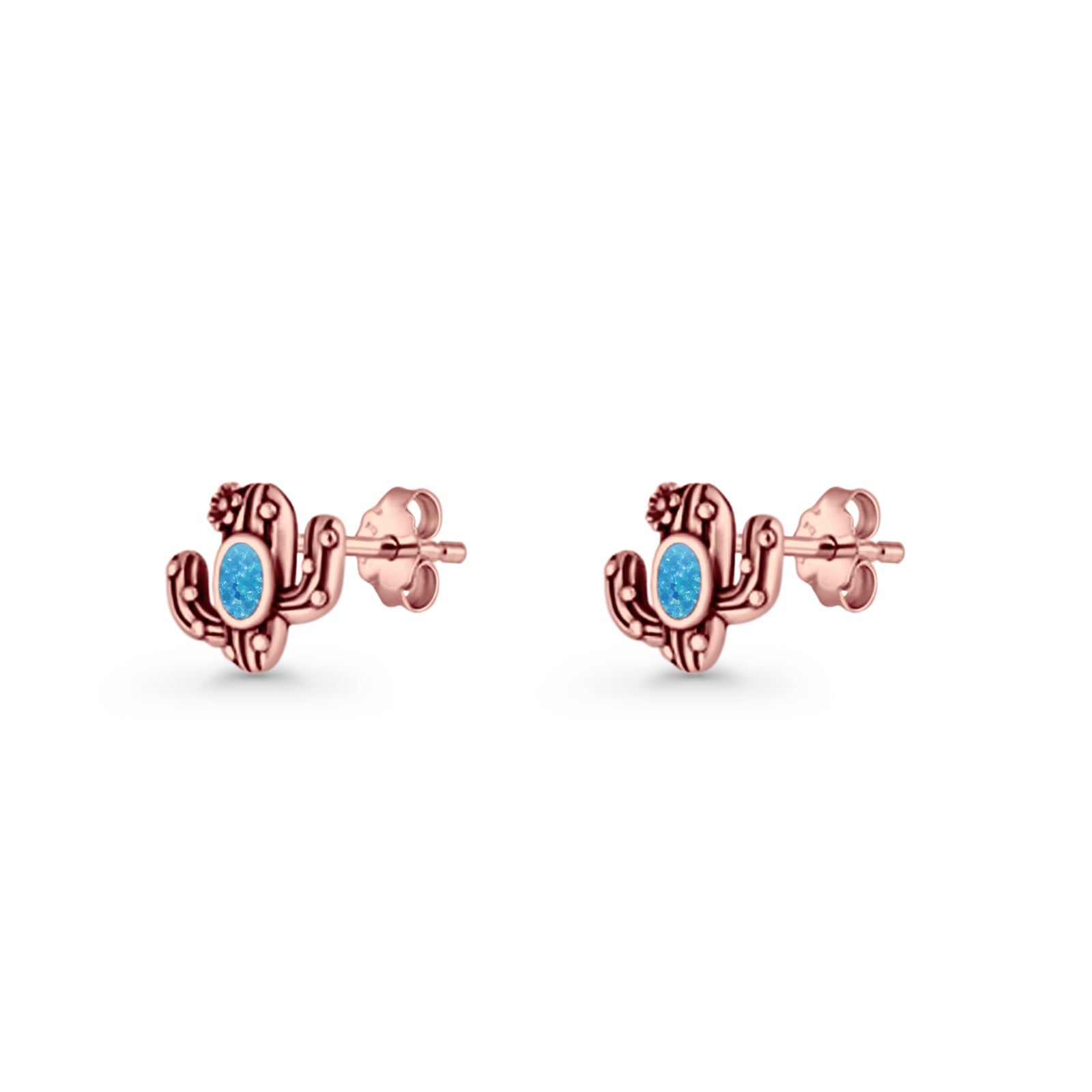 Cactus Stud Earring 8mm Oxidized Lab Created Opal 925 Sterling Silver
