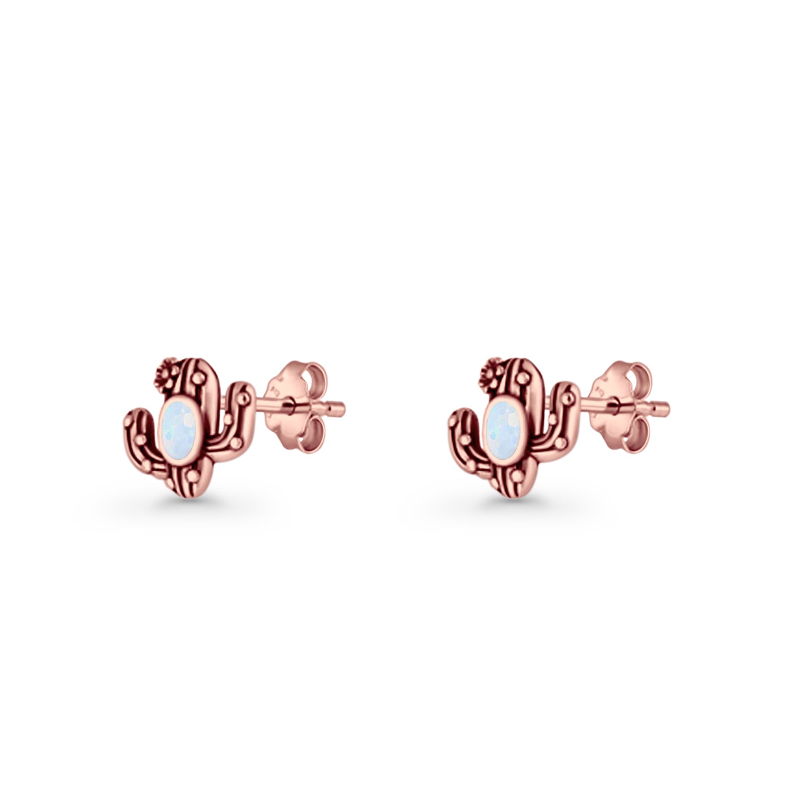 Cactus Stud Earring 8mm Oxidized Lab Created Opal 925 Sterling Silver