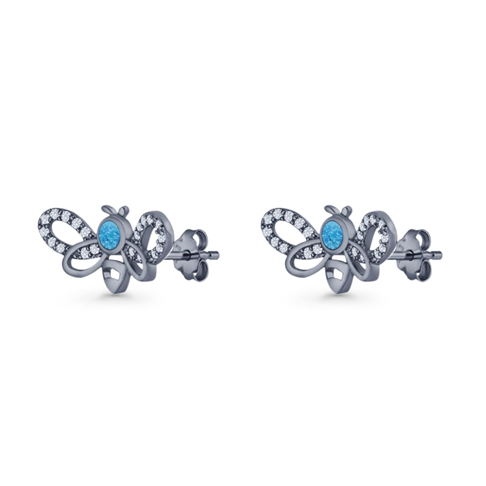 Bee Butterfly Stud Earring Lab Created Opal Push Back 925 Sterling Silver