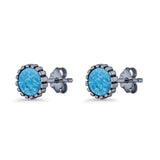Half Ball Oxidized Round Stud Earring Lab Created Opal 925 Sterling Silver