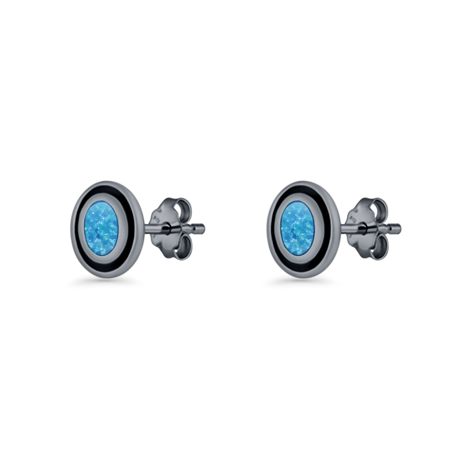 Oval Stud Earring 7.8mm Lab Created Opal Oxidized 925 Sterling Silver