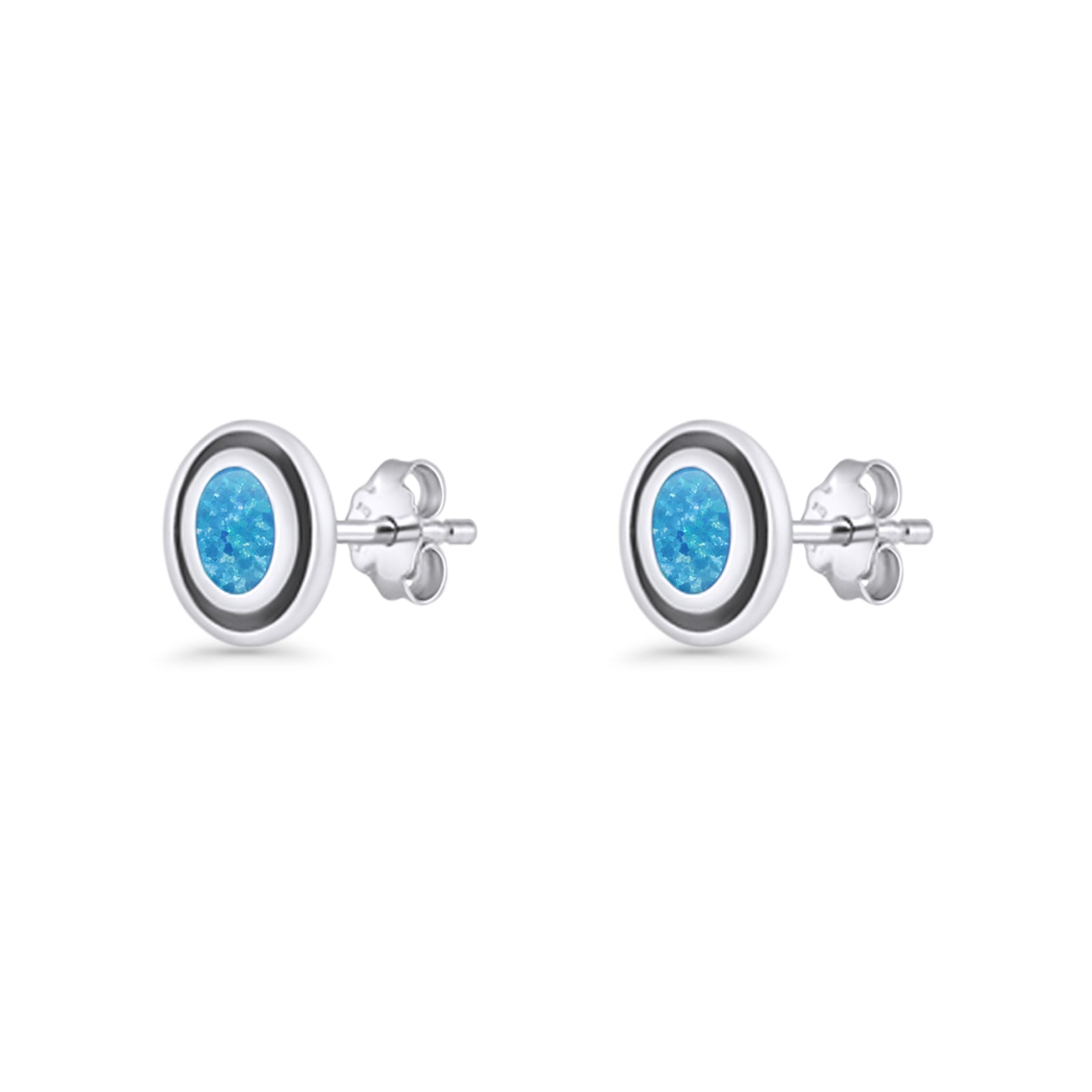 Oval Stud Earring 7.8mm Lab Created Opal Oxidized 925 Sterling Silver