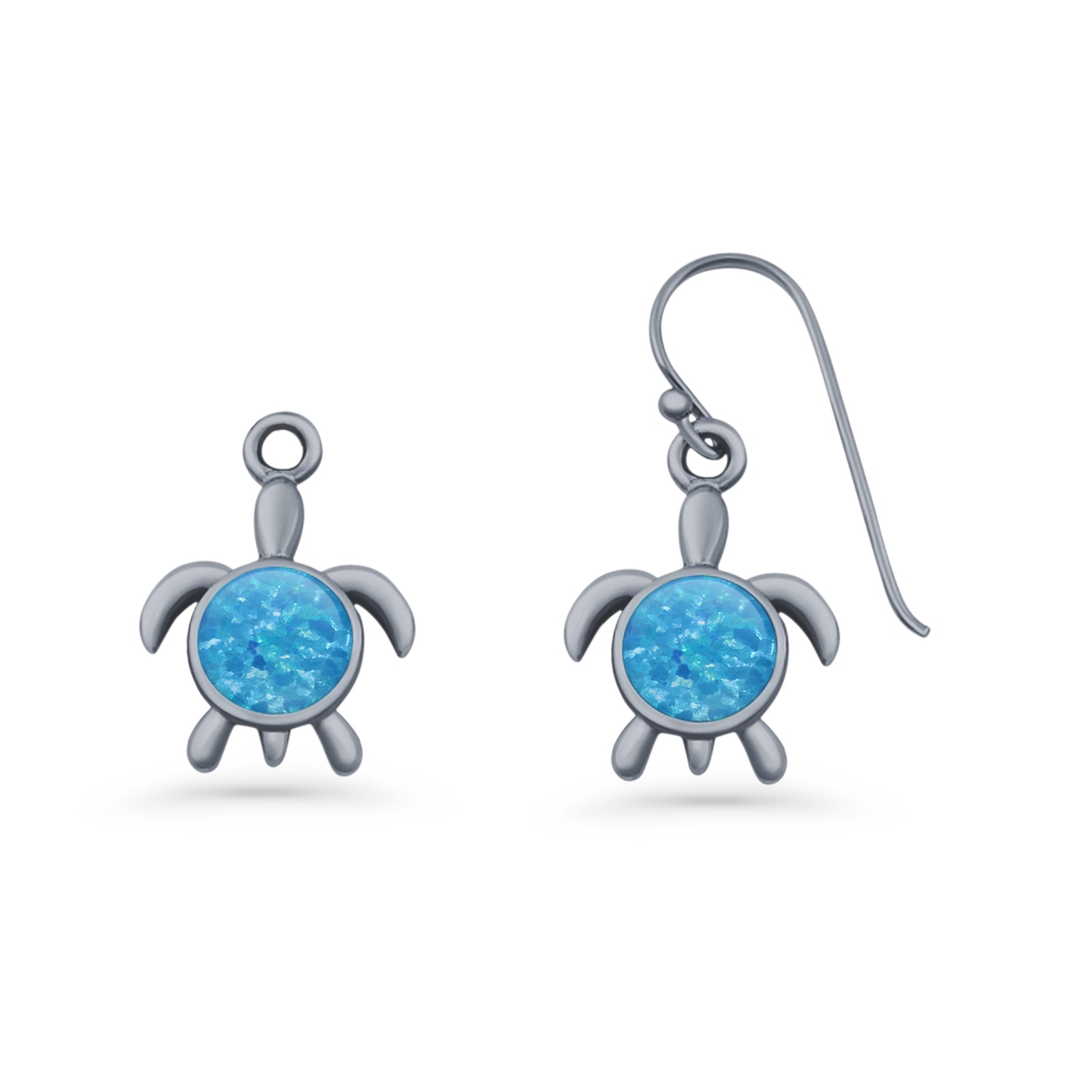 Round 15.3mm Lab Created Opal Turtle Fishhook Earring 925 Sterling Silver