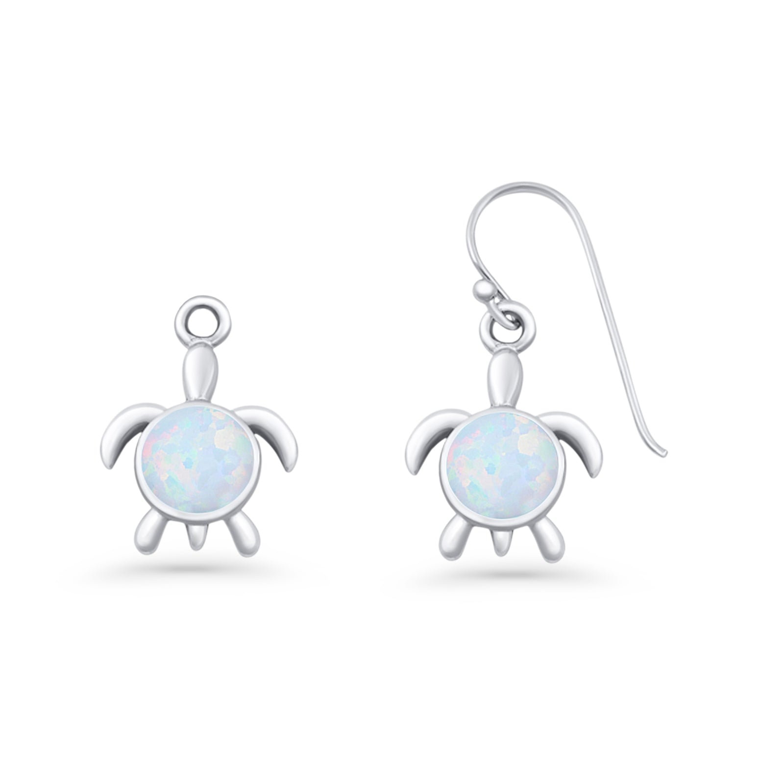 Round 15.3mm Lab Created Opal Turtle Fishhook Earring 925 Sterling Silver