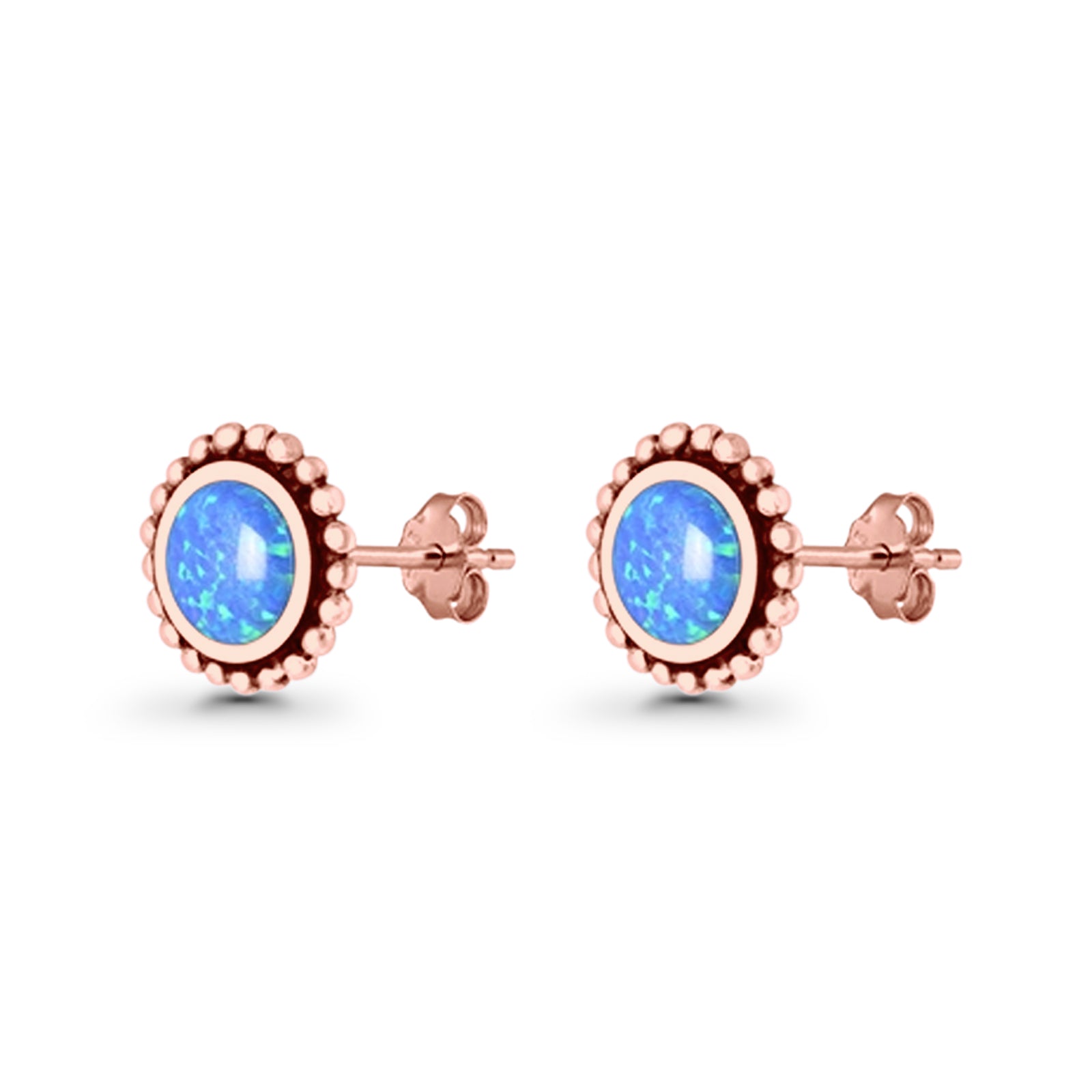 Round Lab Created Opal Beaded Oxidized Stud Earring 925 Sterling Silver