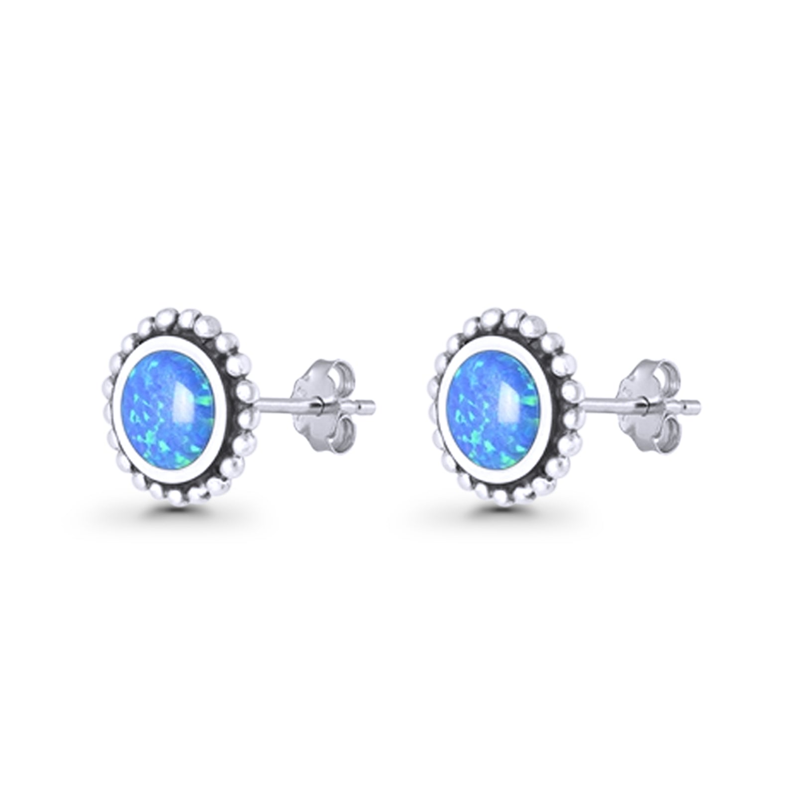 Round Lab Created Opal Beaded Oxidized Stud Earring 925 Sterling Silver