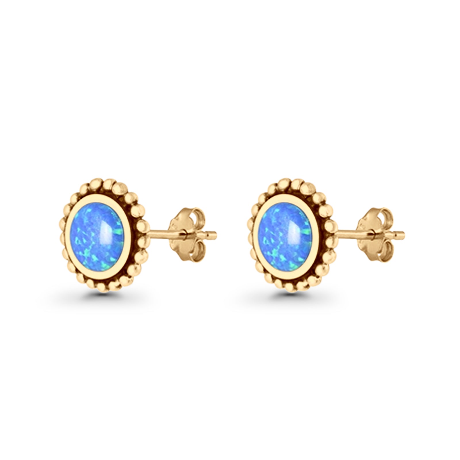 Round Lab Created Opal Beaded Oxidized Stud Earring 925 Sterling Silver