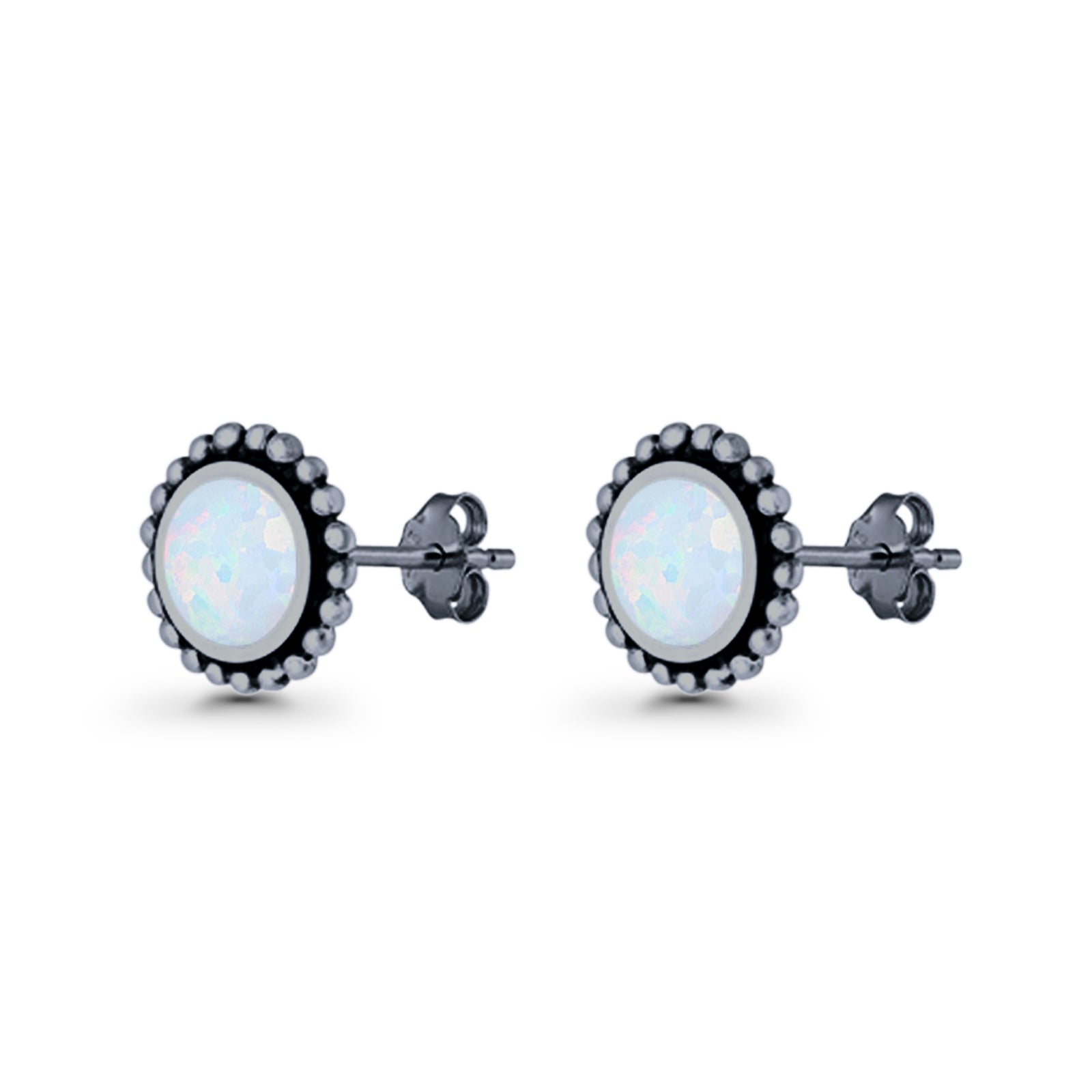 Round Lab Created Opal Beaded Oxidized Stud Earring 925 Sterling Silver