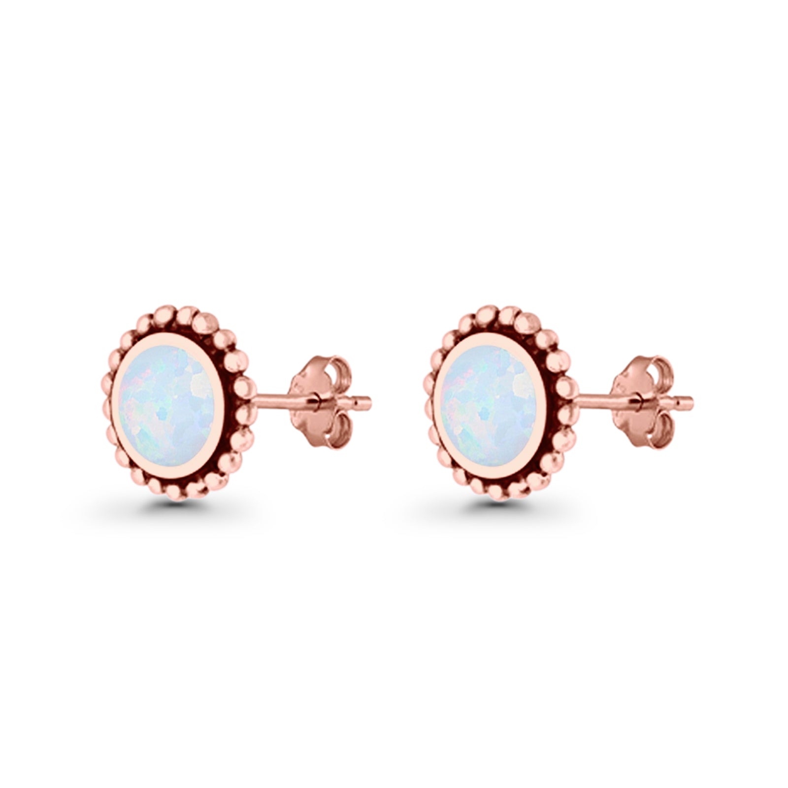 Round Lab Created Opal Beaded Oxidized Stud Earring 925 Sterling Silver