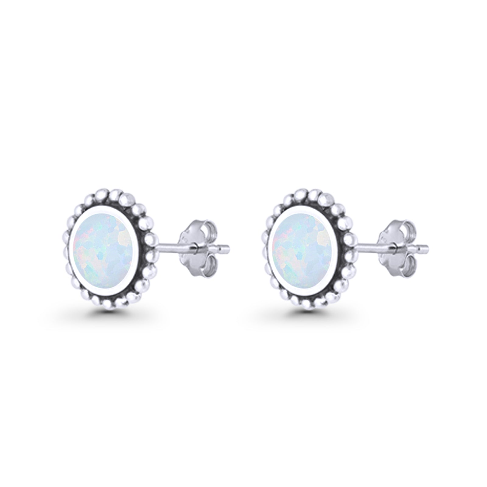 Round Lab Created Opal Beaded Oxidized Stud Earring 925 Sterling Silver