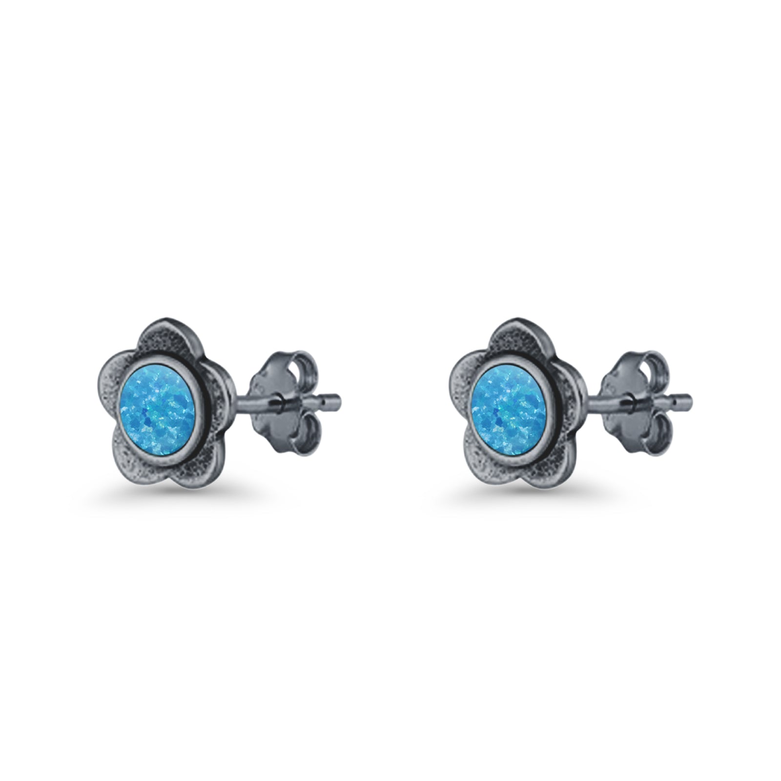Flower 7.5mm Round Lab Created Opal Floral Stud Earring Oxidized 925 Sterling Silver