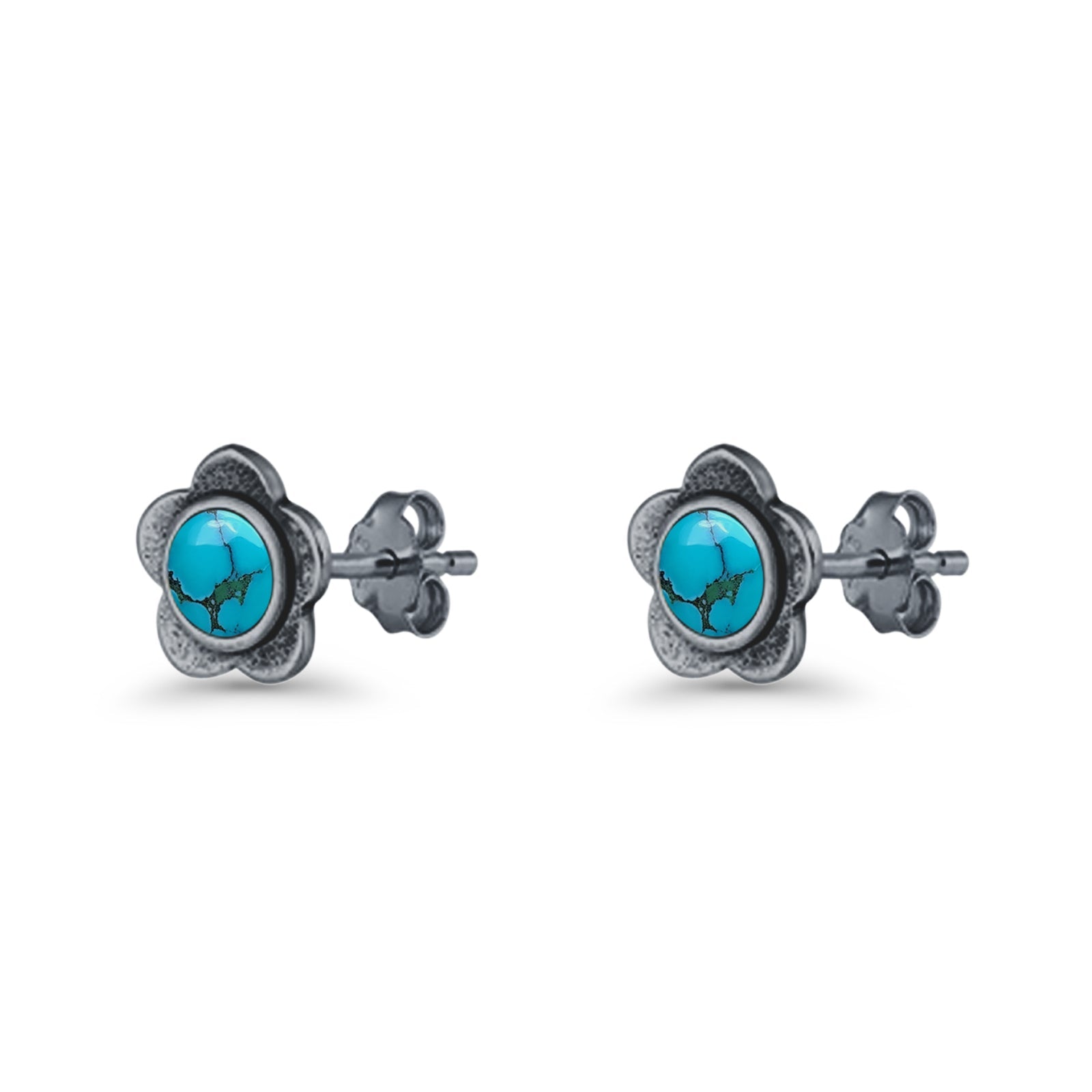 Flower 7.5mm Round Lab Created Opal Floral Stud Earring Oxidized 925 Sterling Silver