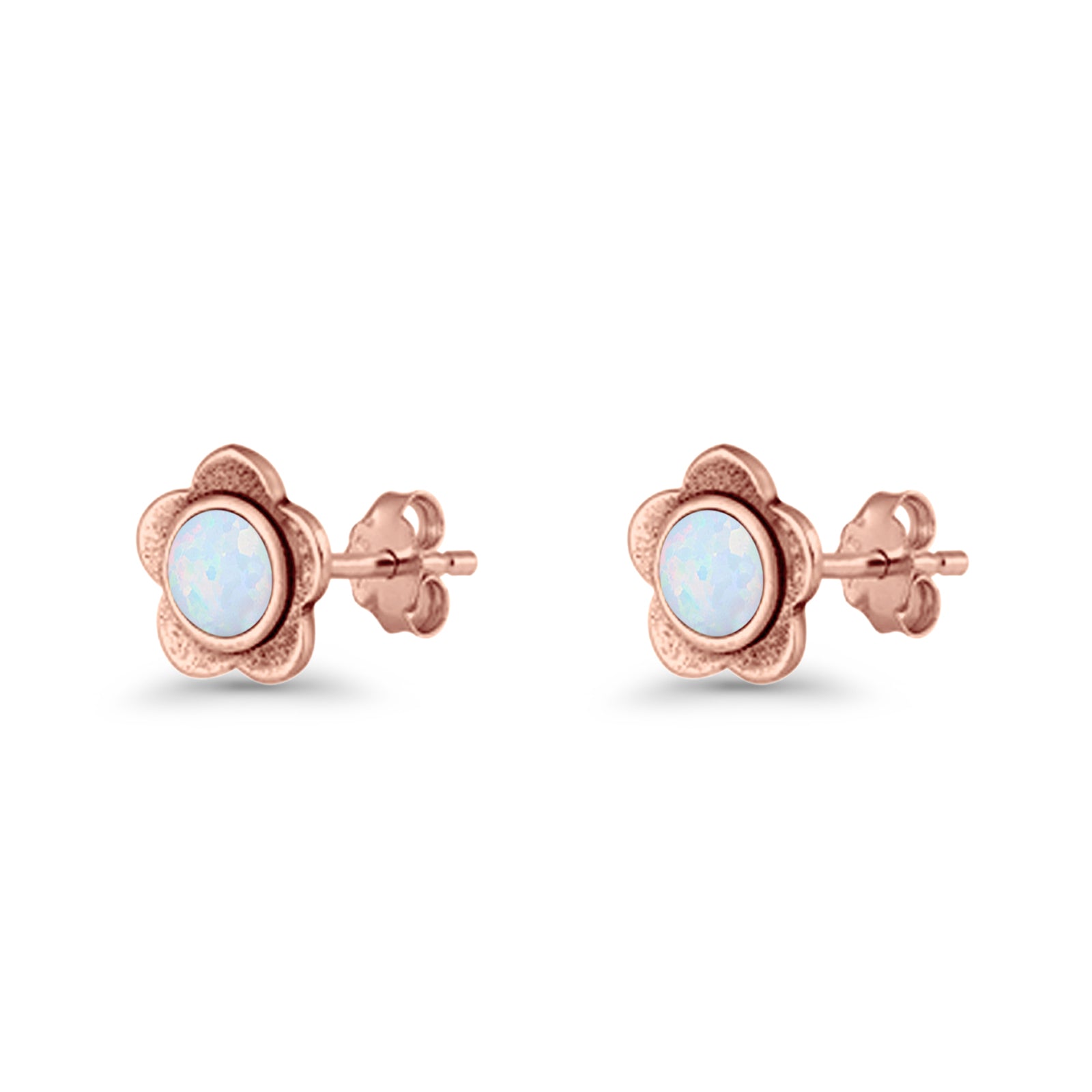 Flower 7.5mm Round Lab Created Opal Floral Stud Earring Oxidized 925 Sterling Silver