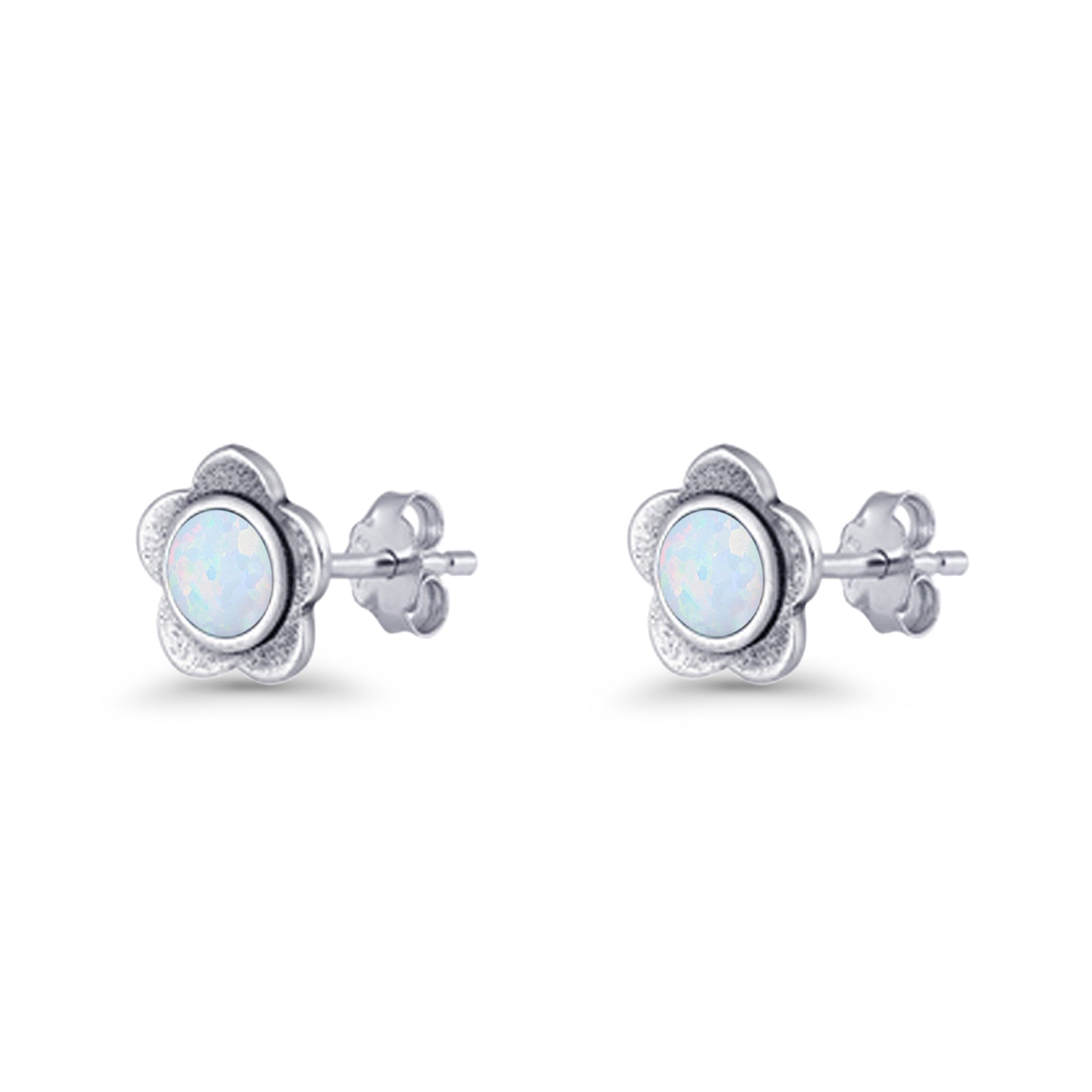 Flower 7.5mm Round Lab Created Opal Floral Stud Earring Oxidized 925 Sterling Silver