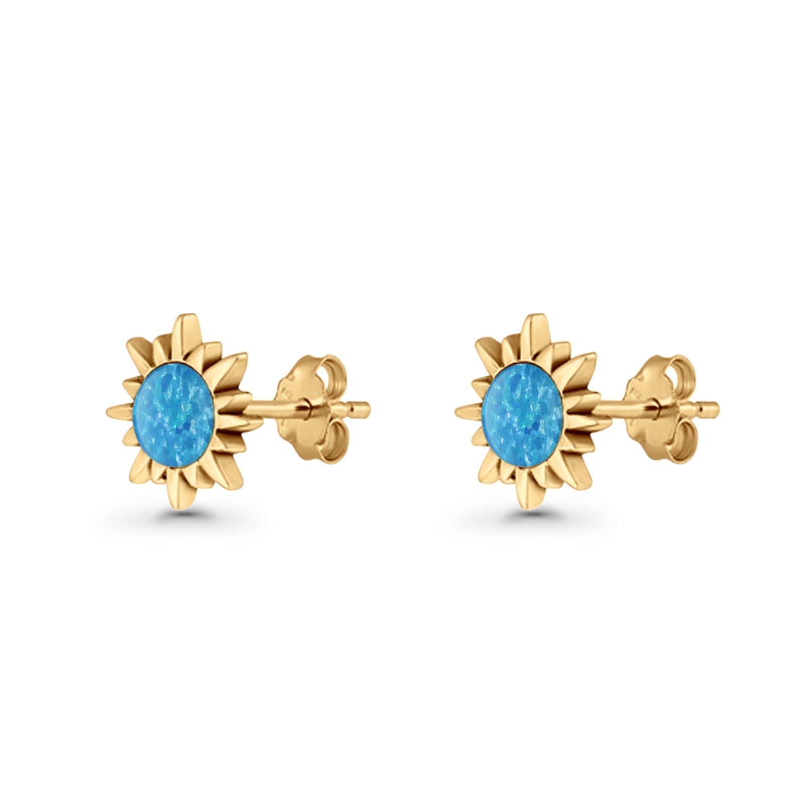 Sunflower 11mm Round Lab Created Opal Stud Earring Star Oxidized 925 Sterling Silver