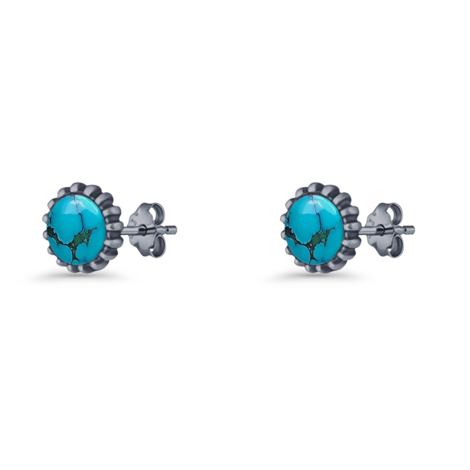 Round 7.3mm Stud Earring Lab Created Opal Oxidized 925 Sterling Silver