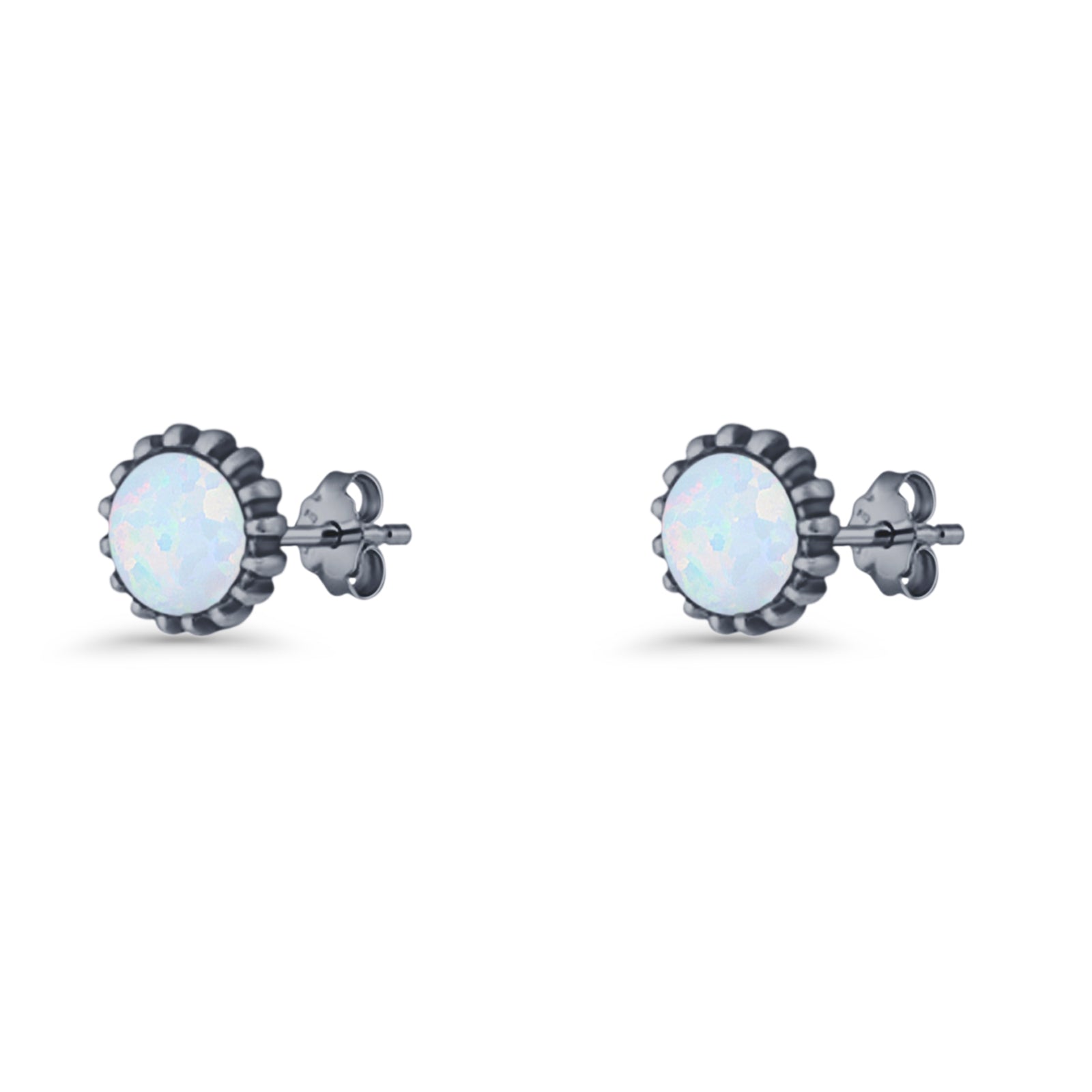 Round 7.3mm Stud Earring Lab Created Opal Oxidized 925 Sterling Silver