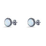 Round 7.3mm Stud Earring Lab Created Opal Oxidized 925 Sterling Silver
