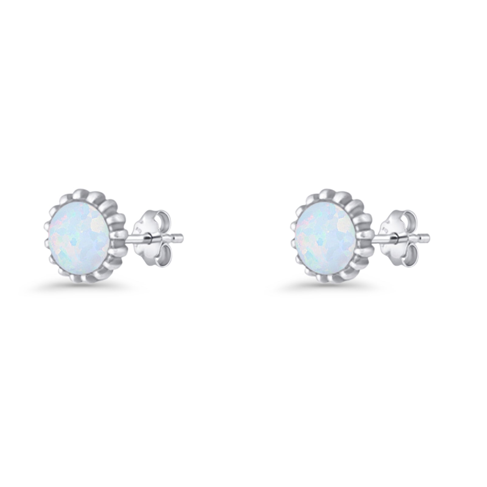 Round 7.3mm Stud Earring Lab Created Opal Oxidized 925 Sterling Silver