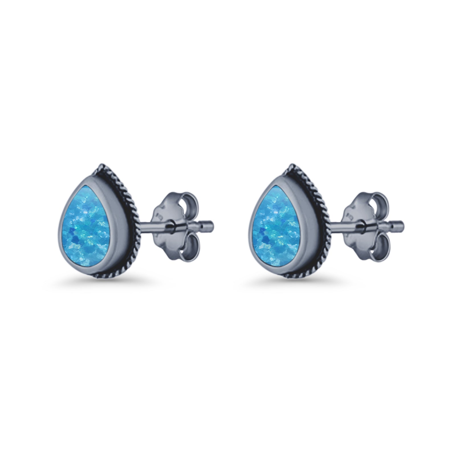 Pear Teardrop Twisted Rope Lab Created Opal Stud Earring Oxidized 925 Sterling Silver