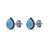 Pear Teardrop Twisted Rope Lab Created Opal Stud Earring Oxidized 925 Sterling Silver