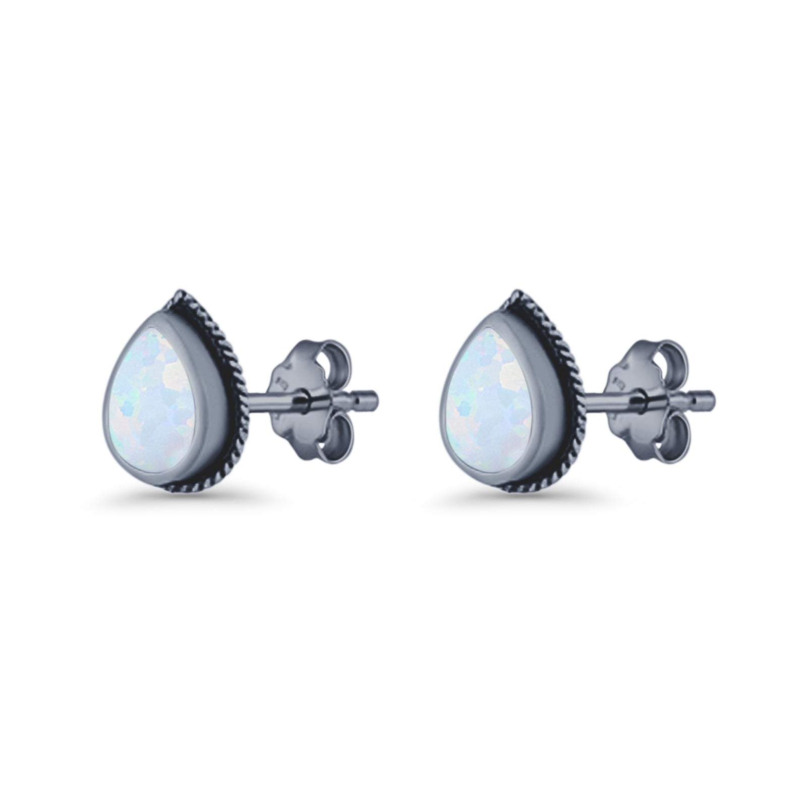 Pear Teardrop Twisted Rope Lab Created Opal Stud Earring Oxidized 925 Sterling Silver