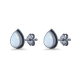 Pear Teardrop Twisted Rope Lab Created Opal Stud Earring Oxidized 925 Sterling Silver