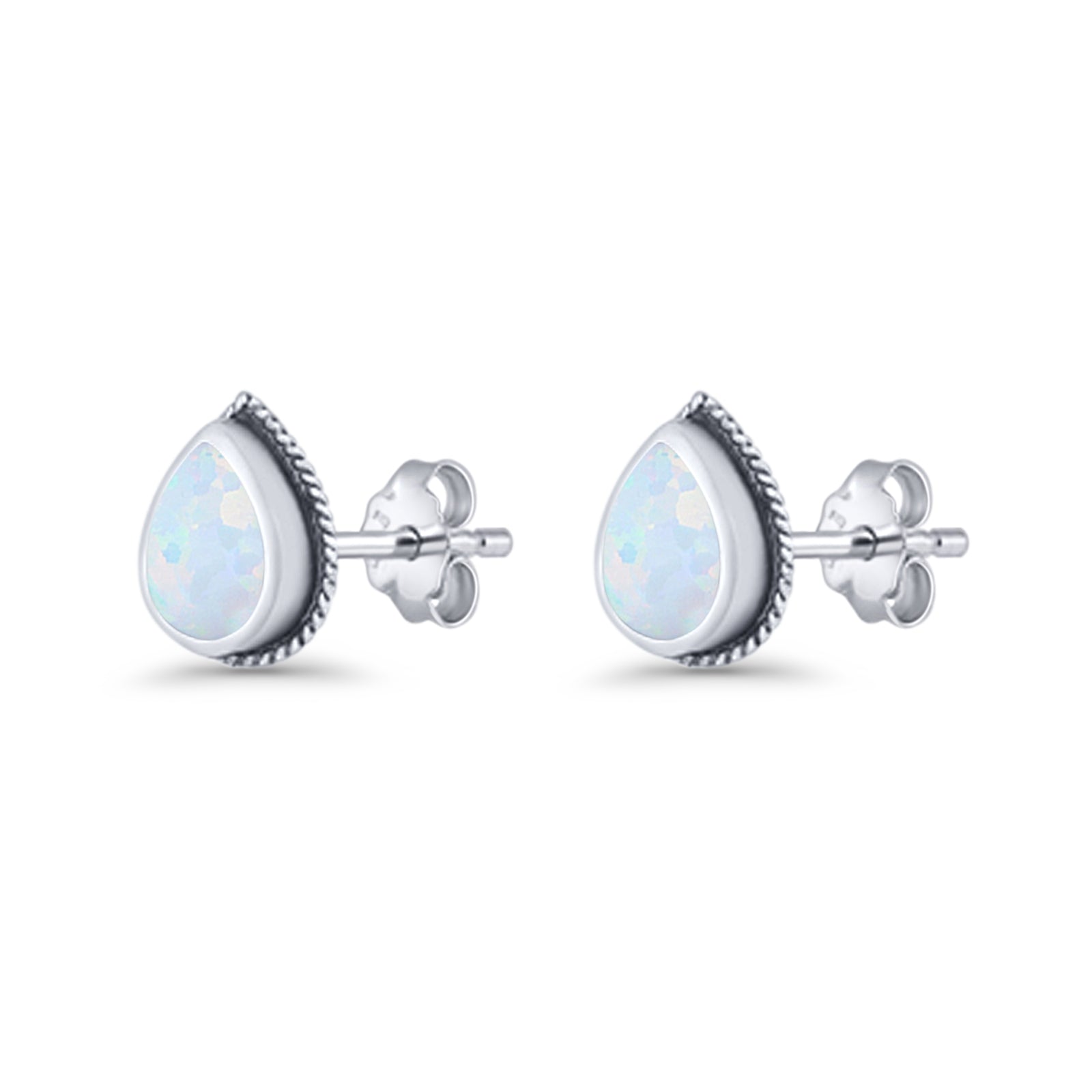 Pear Teardrop Twisted Rope Lab Created Opal Stud Earring Oxidized 925 Sterling Silver