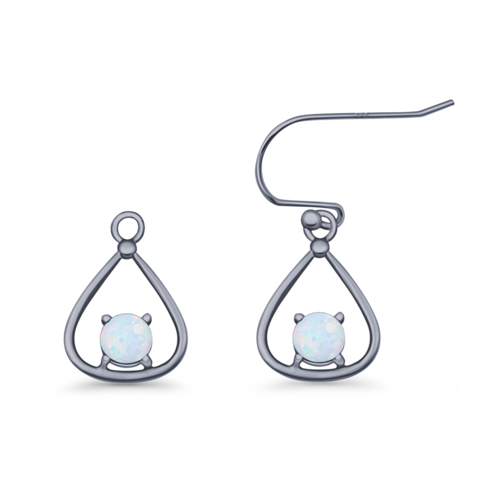 Pear 15.2mm Fishhook Earring Oxidized Round Lab Created Opal 925 Sterling Silver
