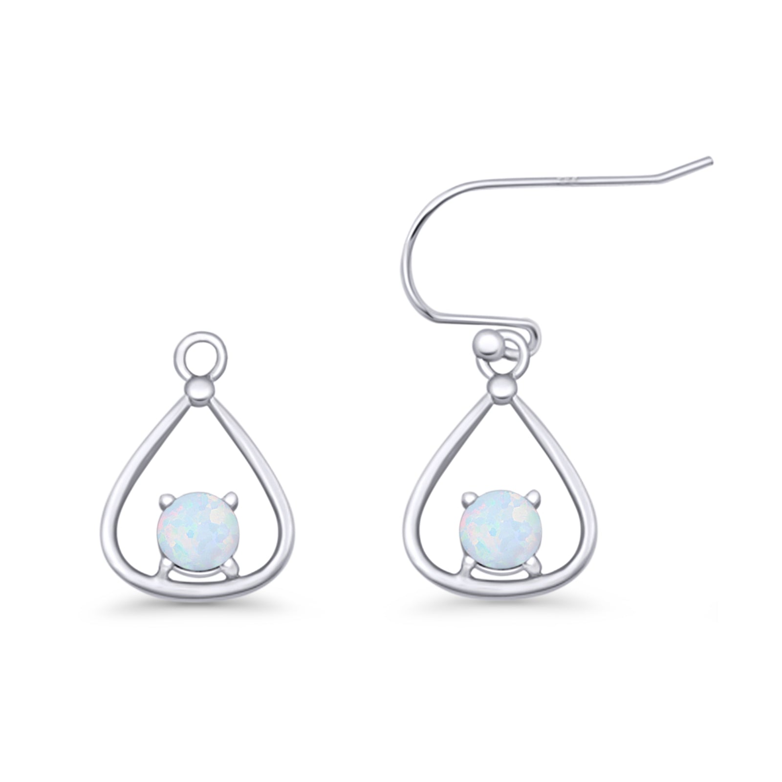 Pear 15.2mm Fishhook Earring Oxidized Round Lab Created Opal 925 Sterling Silver