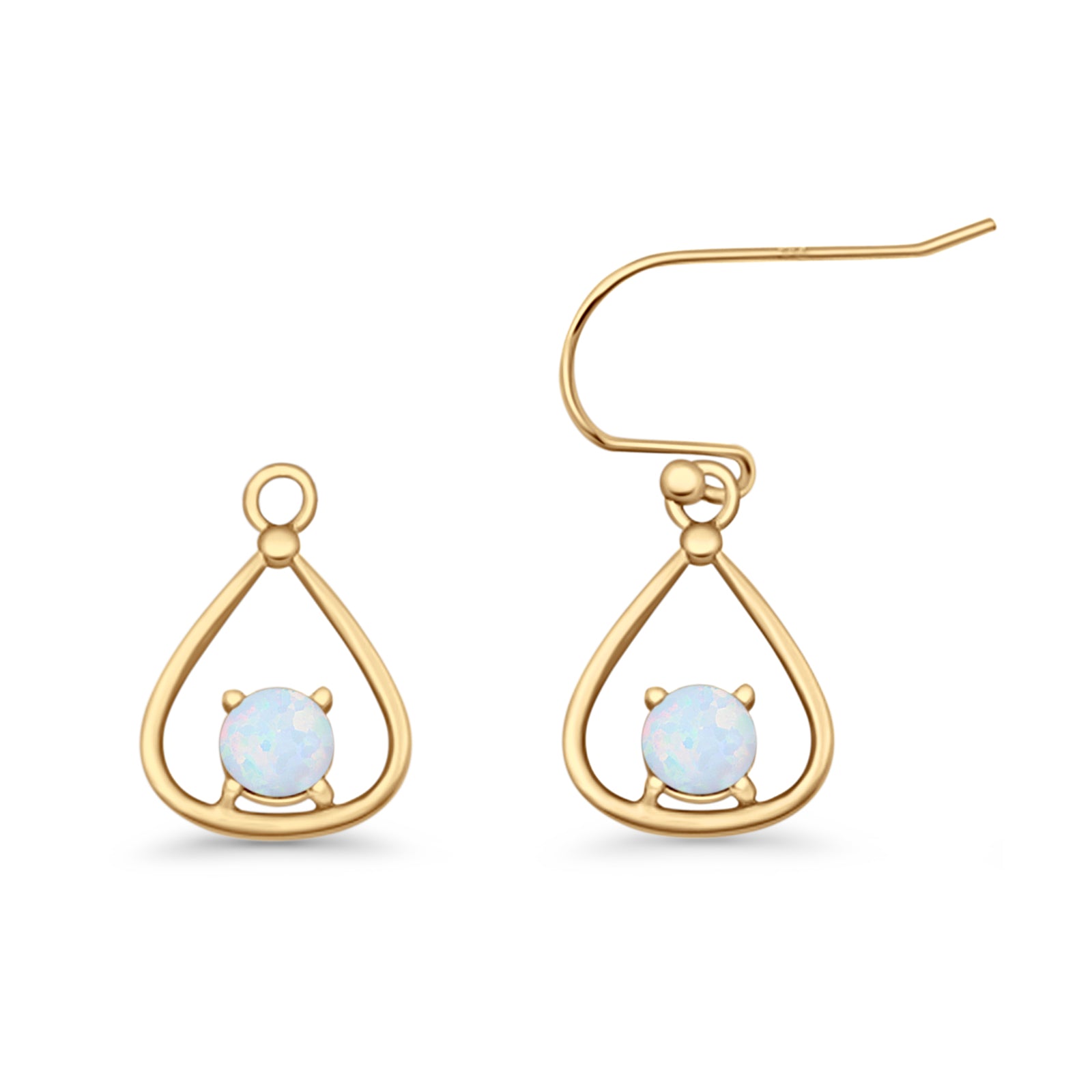 Pear 15.2mm Fishhook Earring Oxidized Round Lab Created Opal 925 Sterling Silver