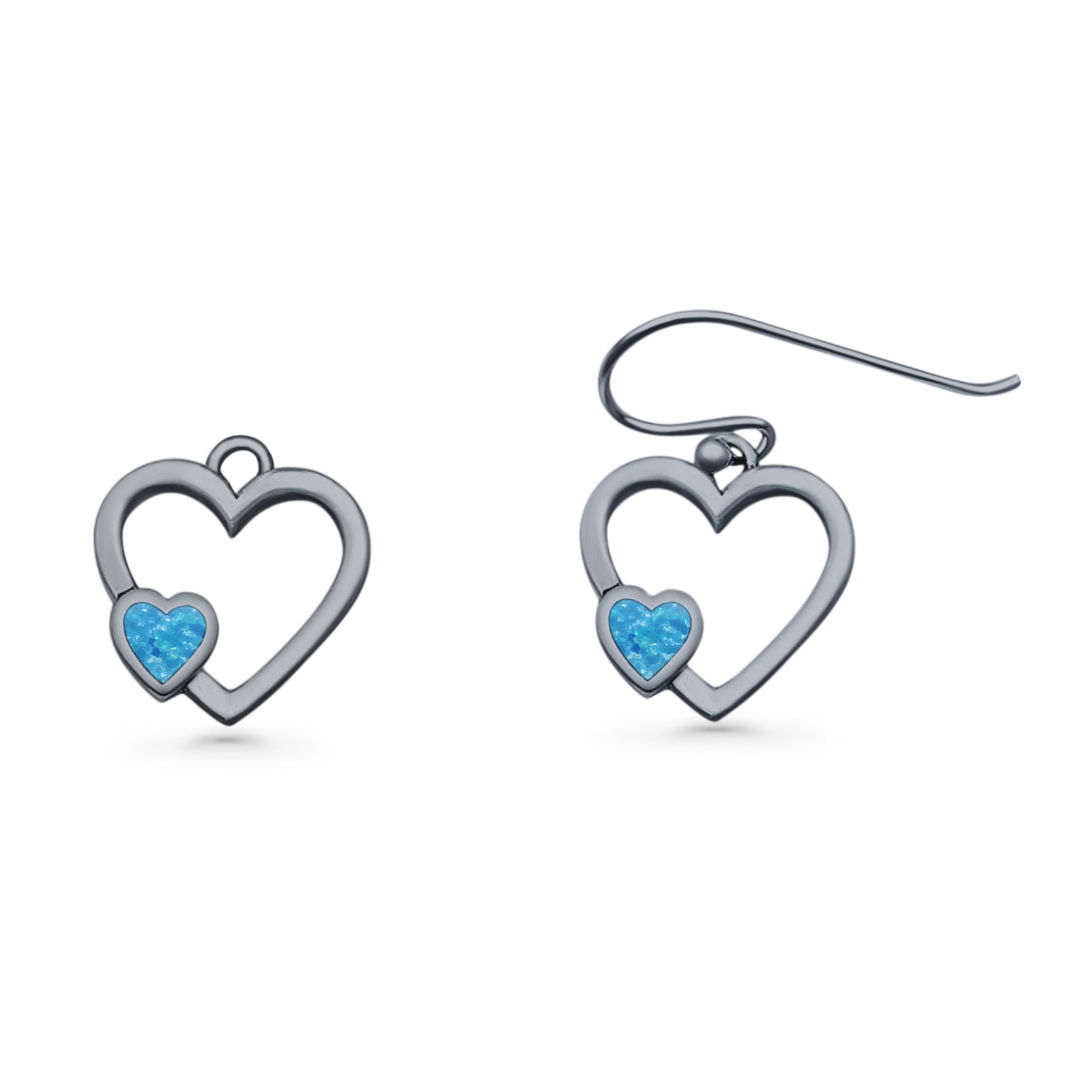 Heart Fishhook Earrings 13.2mm Lab Created Opal Oxidized 925 Sterling Silver
