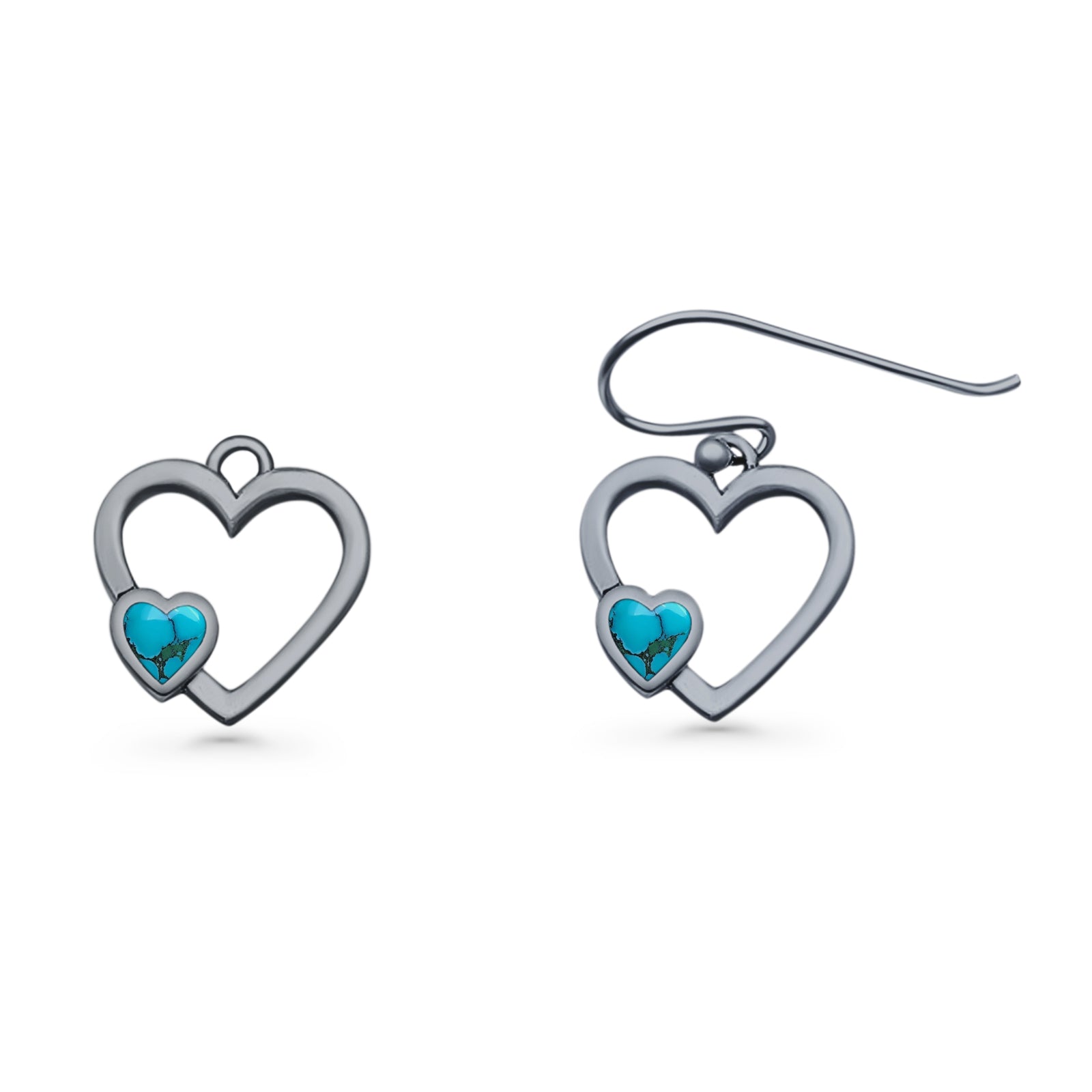 Heart Fishhook Earrings 13.2mm Lab Created Opal Oxidized 925 Sterling Silver