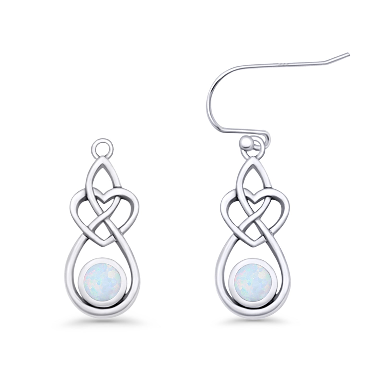 Round 19.7mm Lab Created Opal Celtic Knot Heart Fishhook Earring 925 Sterling Silver