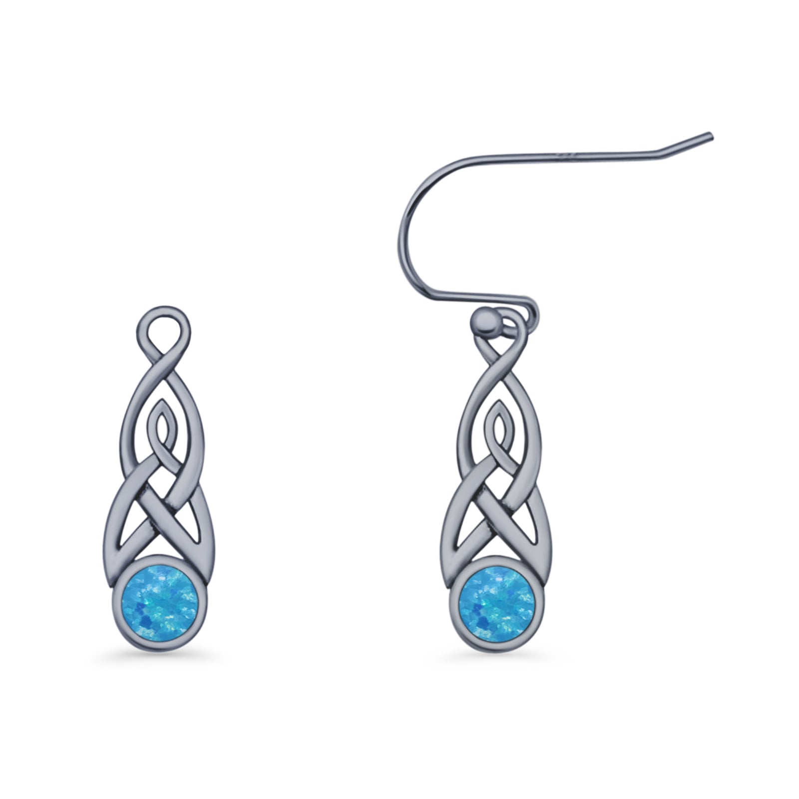 Round Lab Created Opal Trinity Dangle Fishhook Earring 925 Sterling Silver