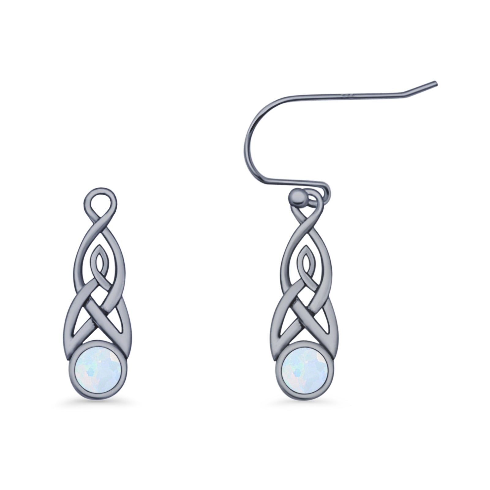 Round Lab Created Opal Trinity Dangle Fishhook Earring 925 Sterling Silver