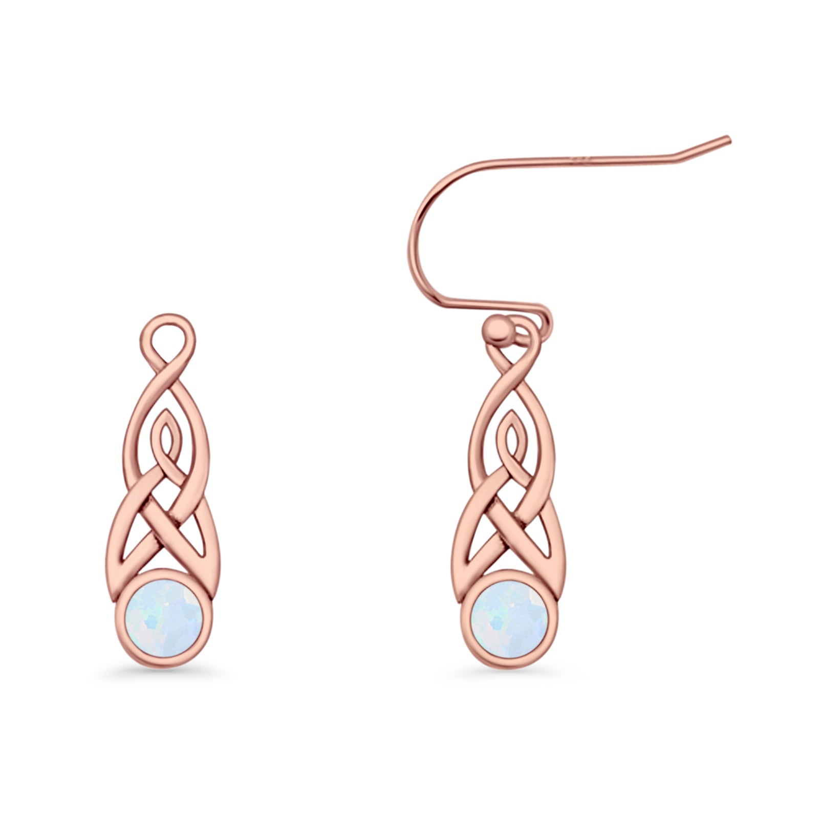 Round Lab Created Opal Trinity Dangle Fishhook Earring 925 Sterling Silver