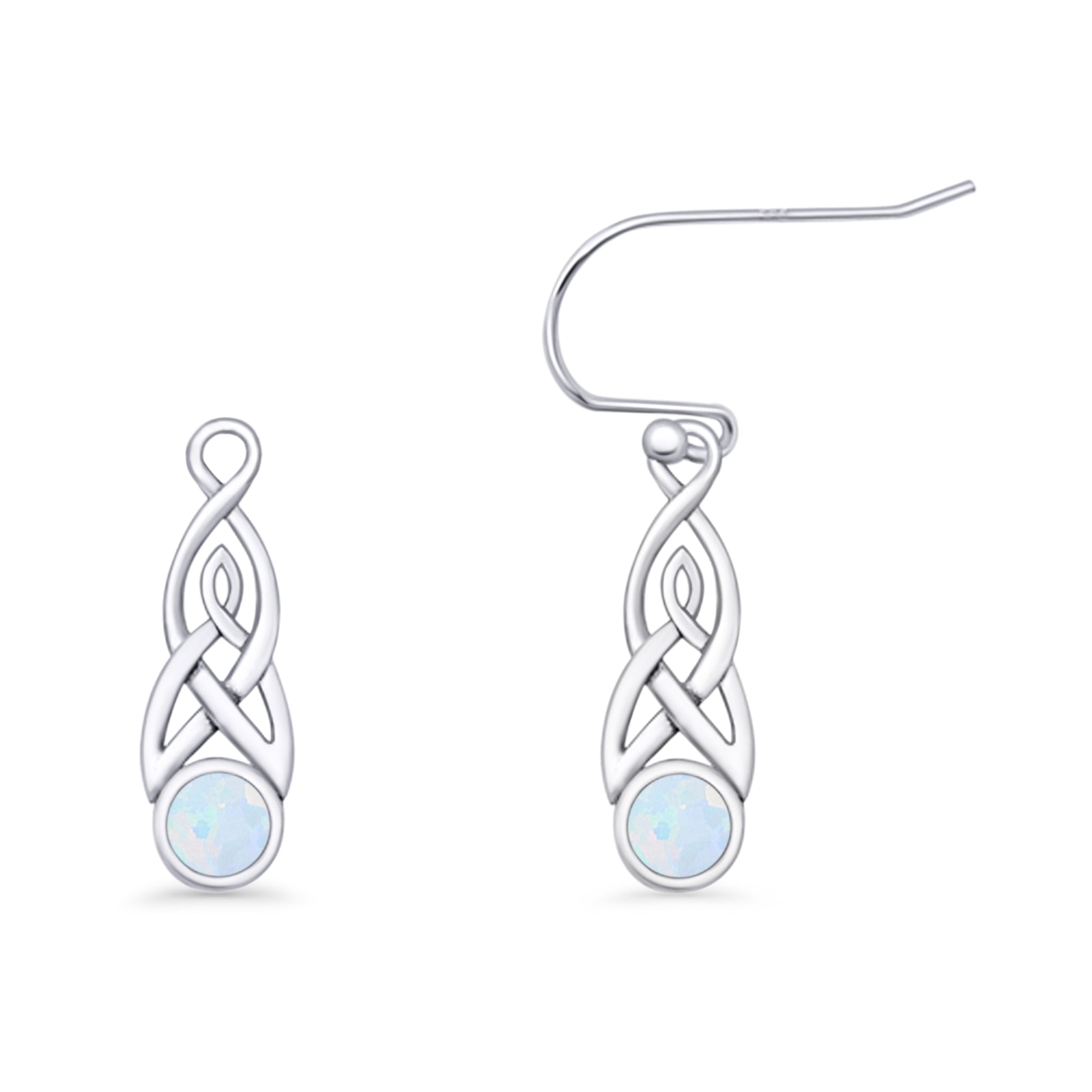 Round Lab Created Opal Trinity Dangle Fishhook Earring 925 Sterling Silver