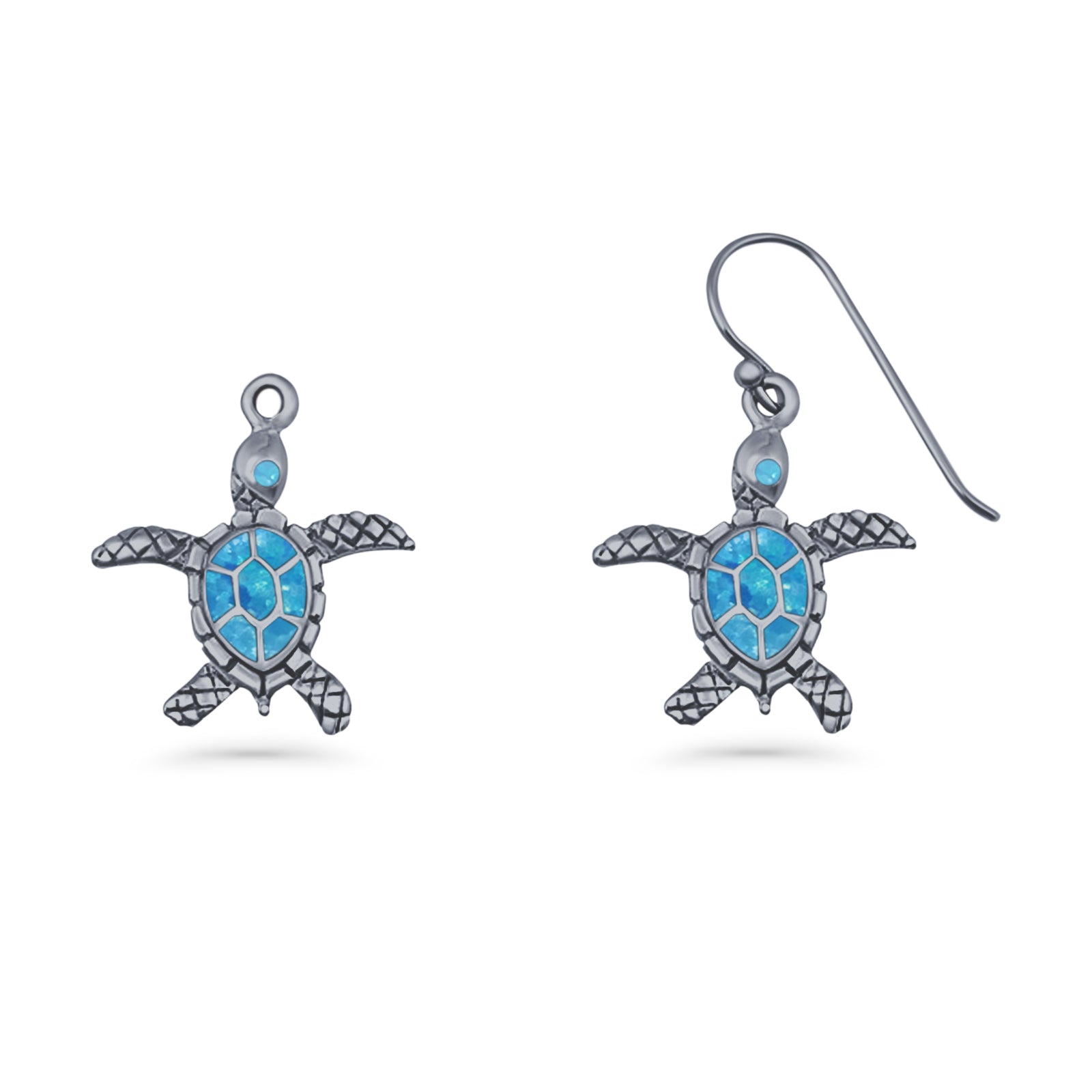Turtle Dangle Drop 17.3mm Fishhook Earring Lab Created Blue Opal 925 Sterling Silver